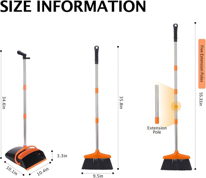 XXFLOWER Broom and Dustpan Set with Long Handle, Light Weight Stainless Steel Poles Stand Upright Dustpans with Broom Combo for Home Kitchen Office Pet Dog Hair, Black & Orange Color, 1-Pack - Image 2